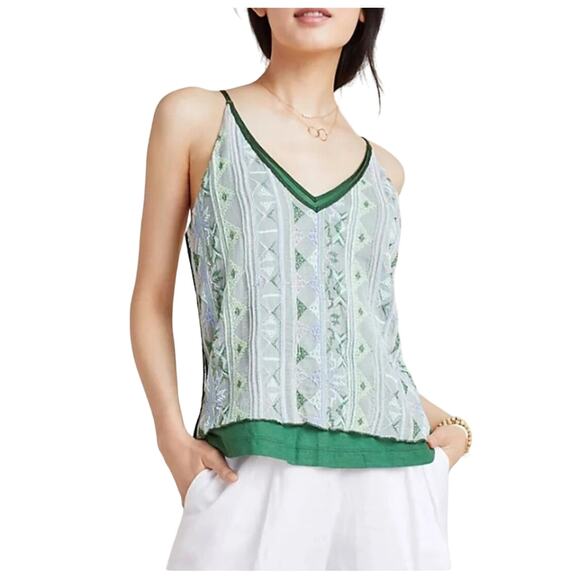 Anthropologie Tiny Double Layered Green Geometric Tank Top - Picture 1 of 9